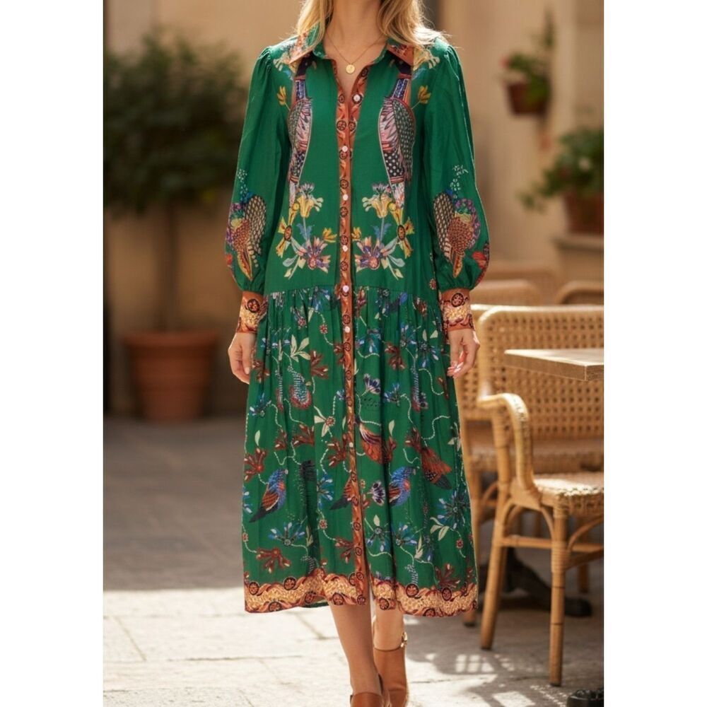 Boho Folk Art Dress Womens Size S Green Midi Floral Bird Bishop Sleeve Button